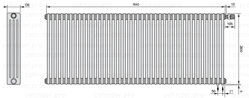 Схема (чертеж) Радиатор Zehnder Charleston 4280/40 №V002 Белый глянцевый RAL 9016